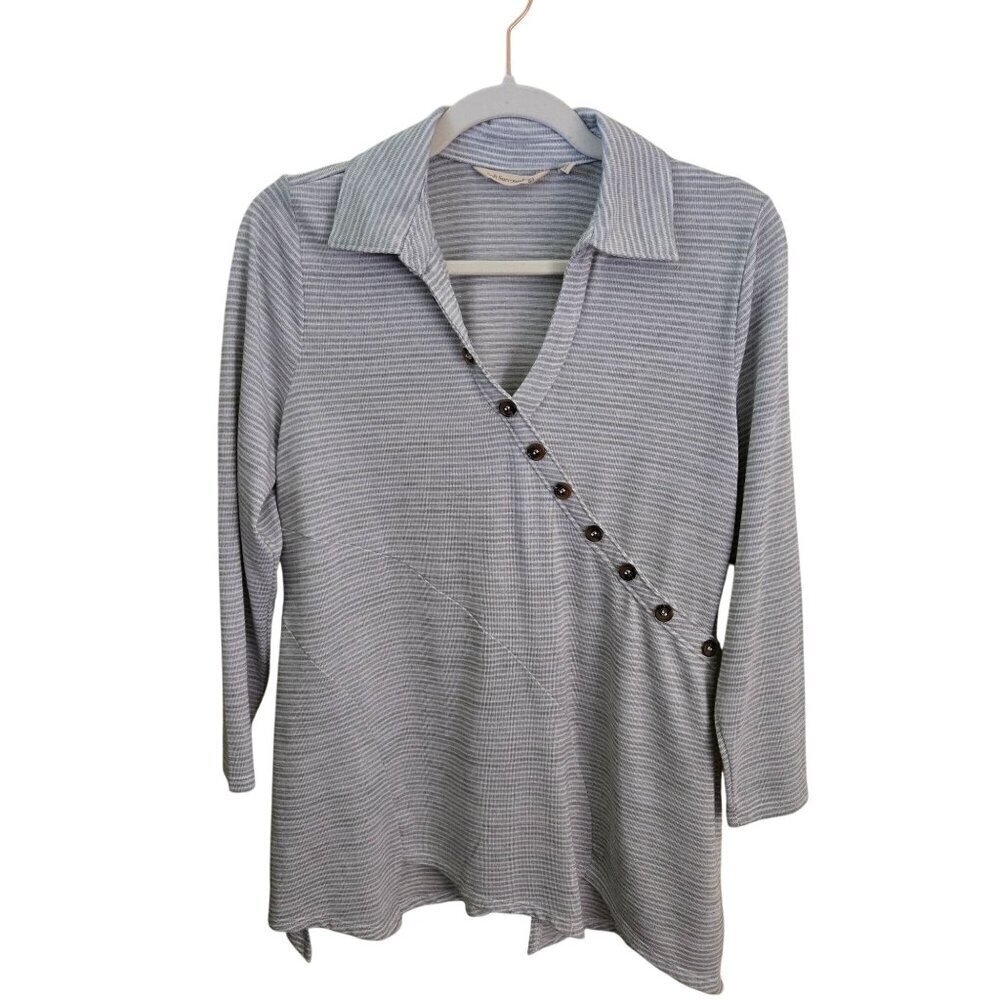Soft Surroundings Tamara Tunic Green White Striped Collars V Neck Size PM